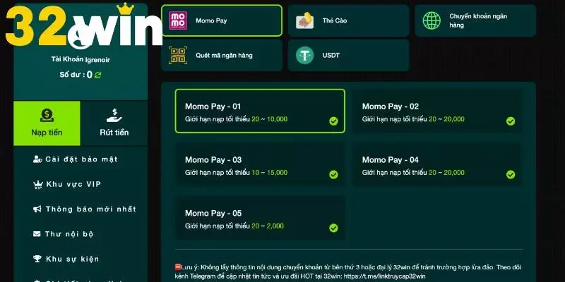 Danh sách các kênh nạp tiền phổ biến nhất tại 32Win